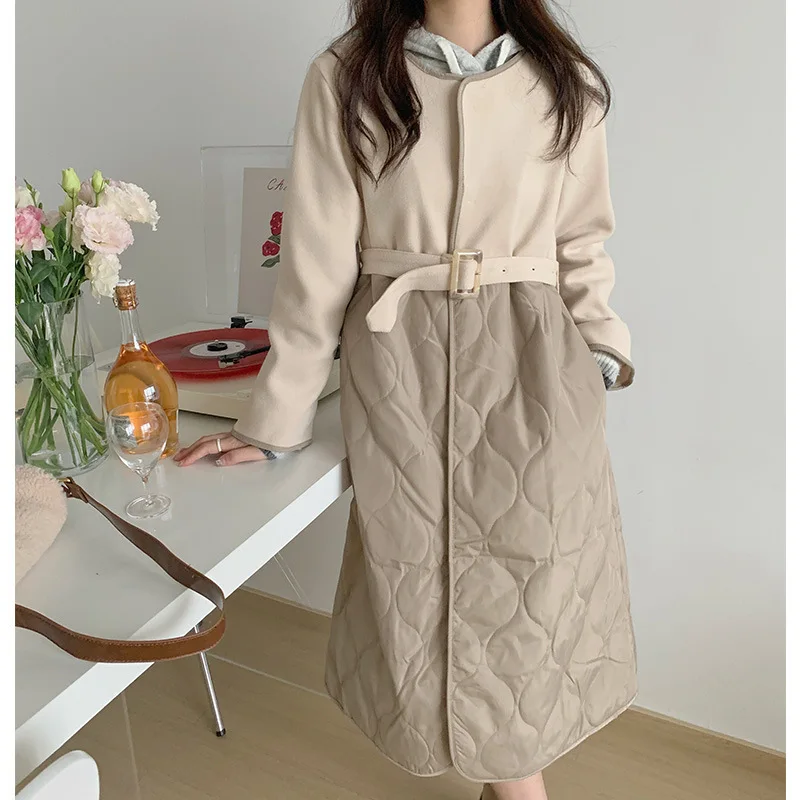 

2023 New Japanese Mid Length Woolen Patchwork Loose Casual Fashion Round Neck Solid Color Slim Hidden Button Niche Jacket