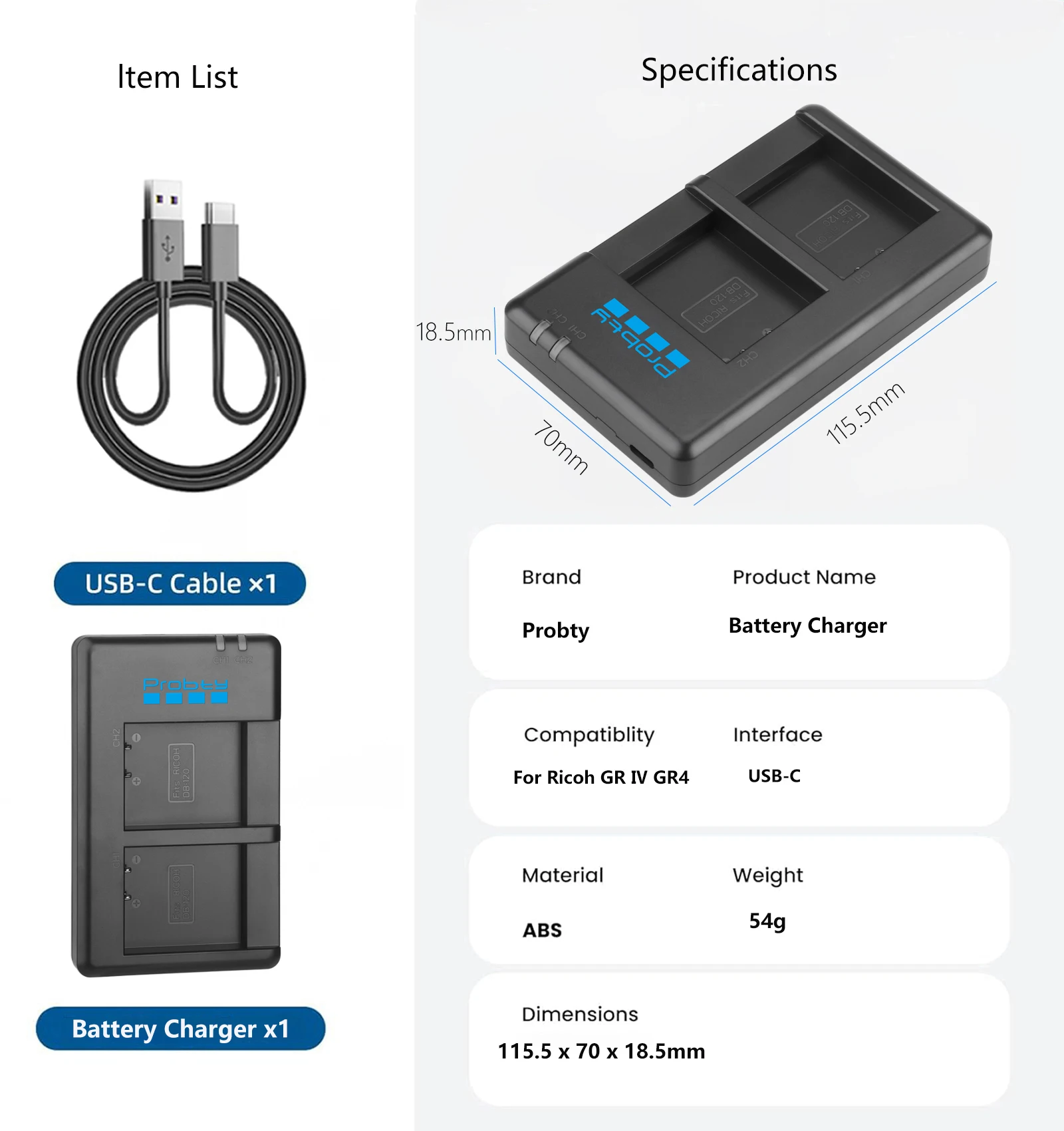 리코 GRIV GR IV용 Probty USB-C 카메라 배터리 충전기 리코 GR4 배터리 충전기 리코 DB-120 충전기(충전 케이블 포함)