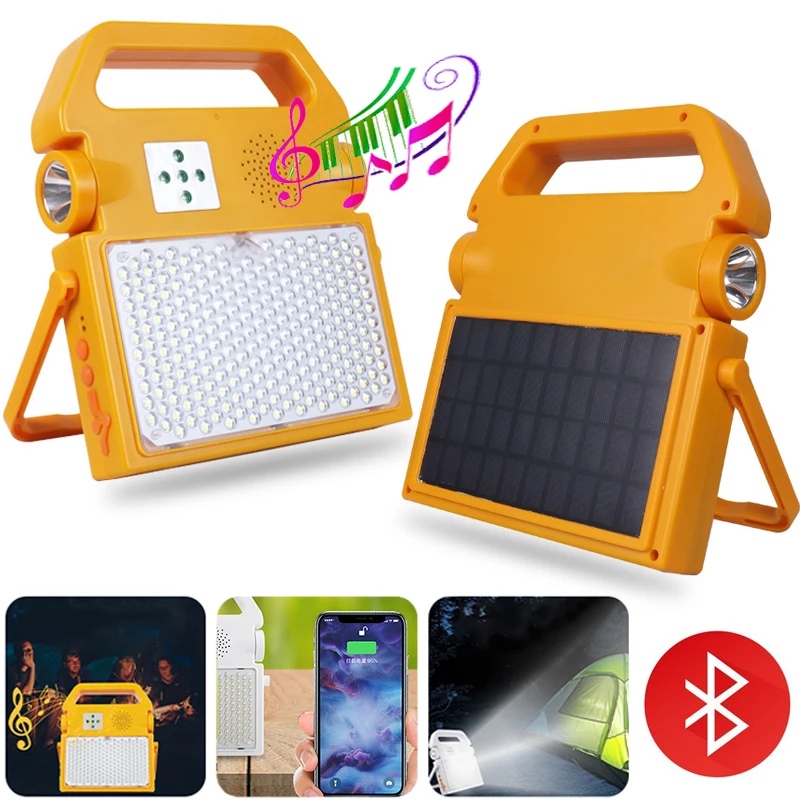 100W Luce Di Lavoro Solare Portatile Bluetooth Audio Usb Ricaricabile Proiettore Luce Di Inondazione Uscita Di Emergenza Faretto Impermeabile