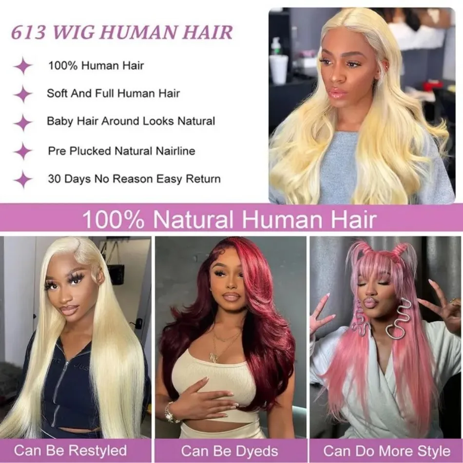 613 Blonde Wig Body Wave 13X6 Hd Lace Front Human Hair Wig 100% Human Hair Quality 250 Density 38 Inch Pre Plucked Brazilian Wig
