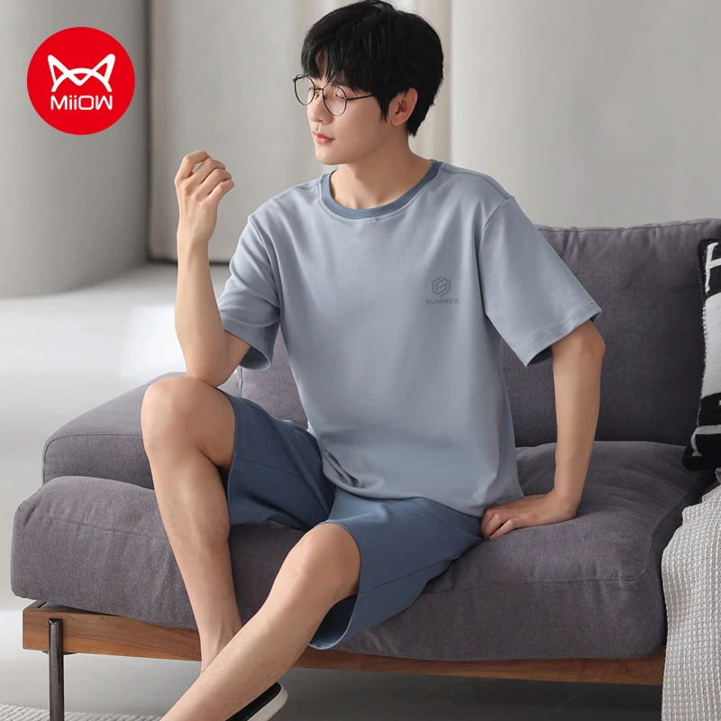 MiiOW KY-5215 Men's Summer Pajamas 2Pcs Cotton Short Sleeve Breathable Casual Homewear L-3XL