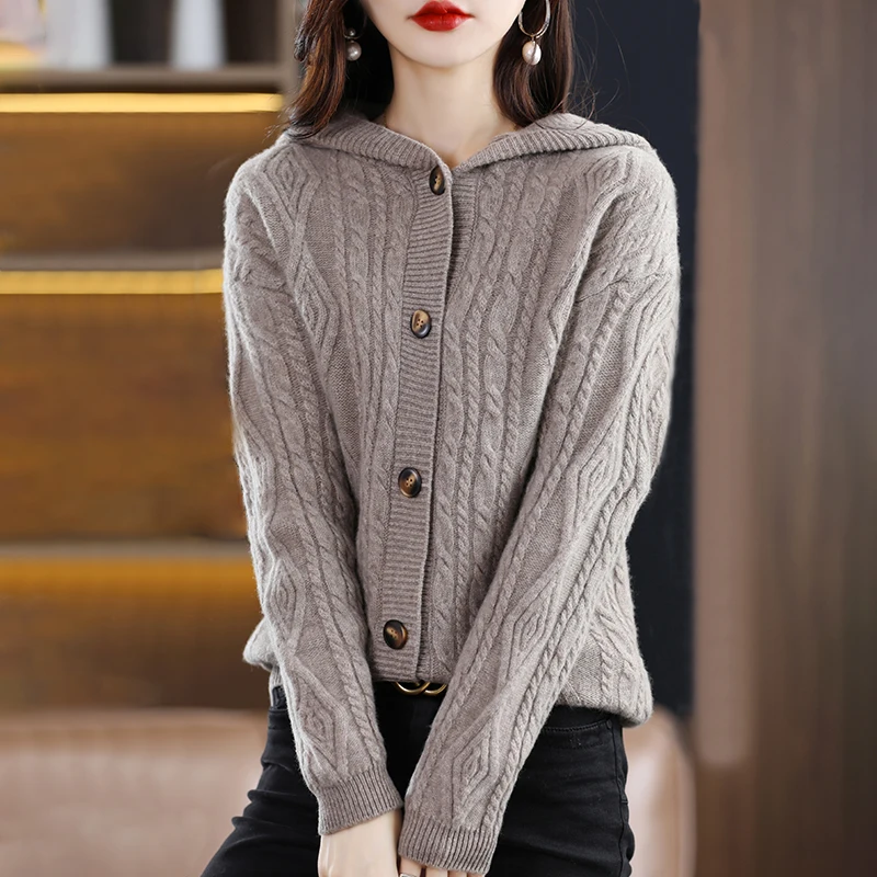 

Vintage semi high collar cashmere knitting cardigan autumn and winter new thickened warm Fried Dough Twists sweater coat women