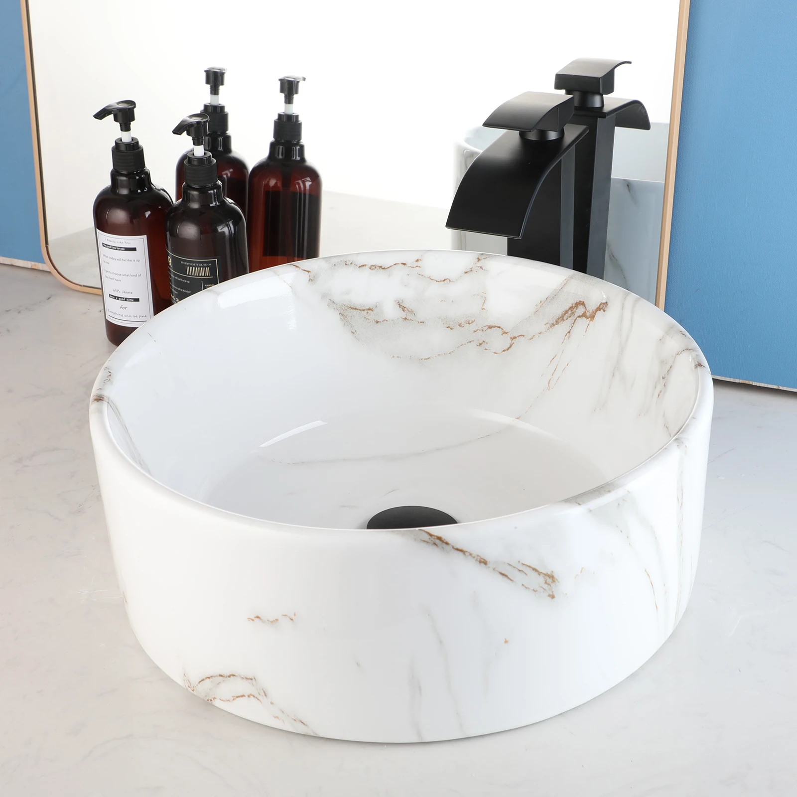 ZAPPO Round Bathroom Vessel Sink Above Counter White Porcelain Ceramic Bathroom Lavatory Vanity Vessel Sink w/Faucet Mixer 2