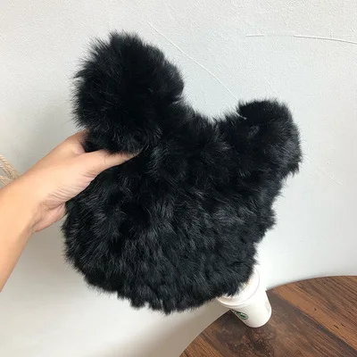 2022 Real Rabbit Fur Winter Hat for Women Knitted Fluffy Beanie Ladies Fashion Solid Color Warm Plush Skull Women's Thick Hat 6