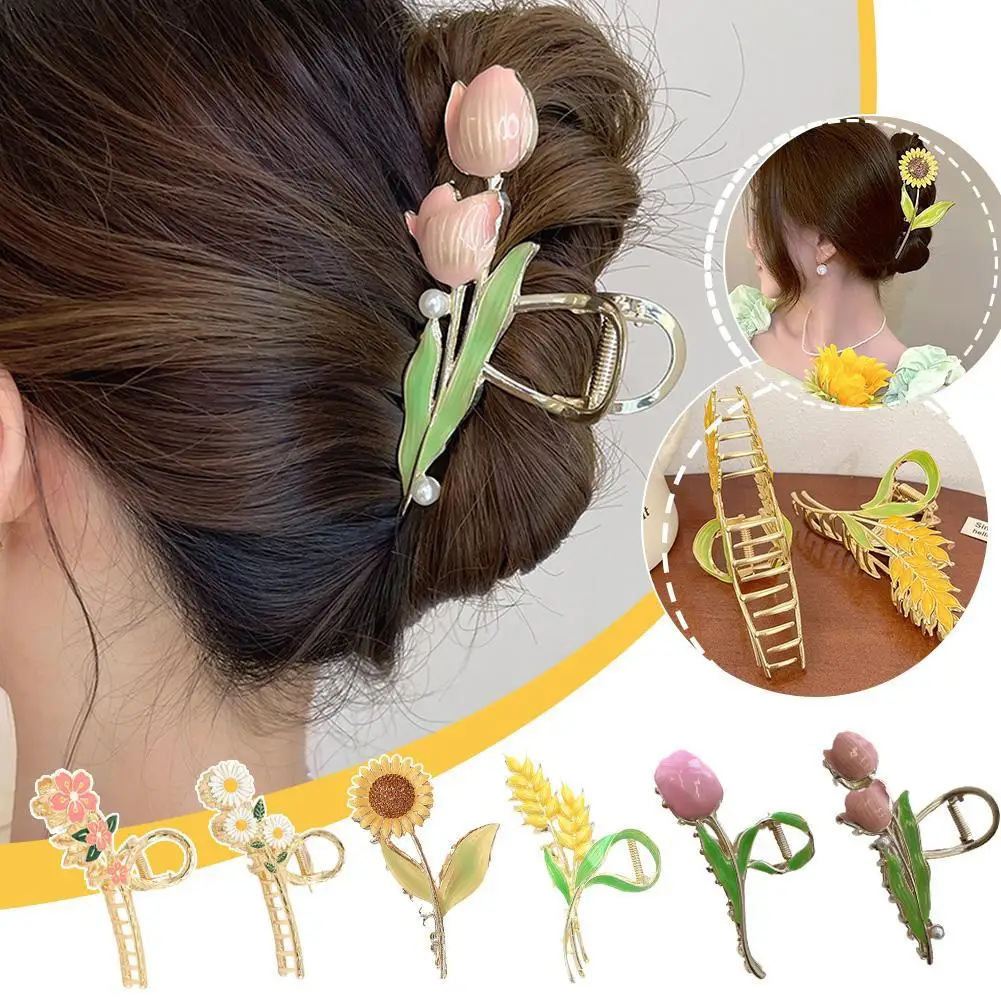 Women Elegant Flowers Hollow Geometric Metal Hair Claw Large Green Clip Hairpin Hairwear For Women Korean Shark Clamp Barrettes