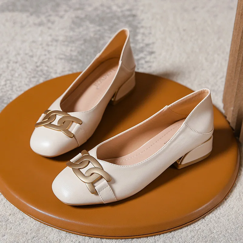 Plus Size 33-43 Women Gold Metal Buckle Leather Shoes Low Heel Round Toe Pumps Office Lady Soft Soles Slip on Shoes