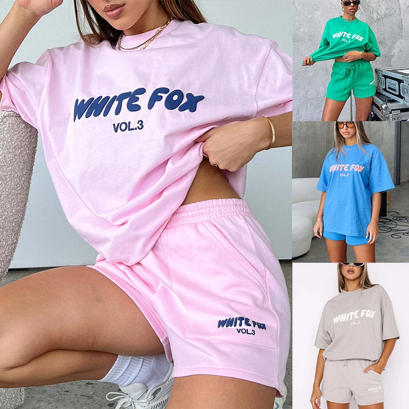 Printed Letter Retro Women Short Pants Summer Ladies Chic Drawstring Solid T-shirt Pullovers Aesthetic 2 Piece Oversized Outfits