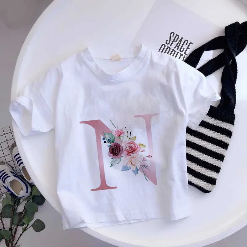 thumbnail image 1 of Camiseta de algodón con 26 letras en inglés ABCD, camiseta de verano para niños con flores, ropa informal de dibujos animados, camisetas de manga corta para niñas y niños, 1 of 5