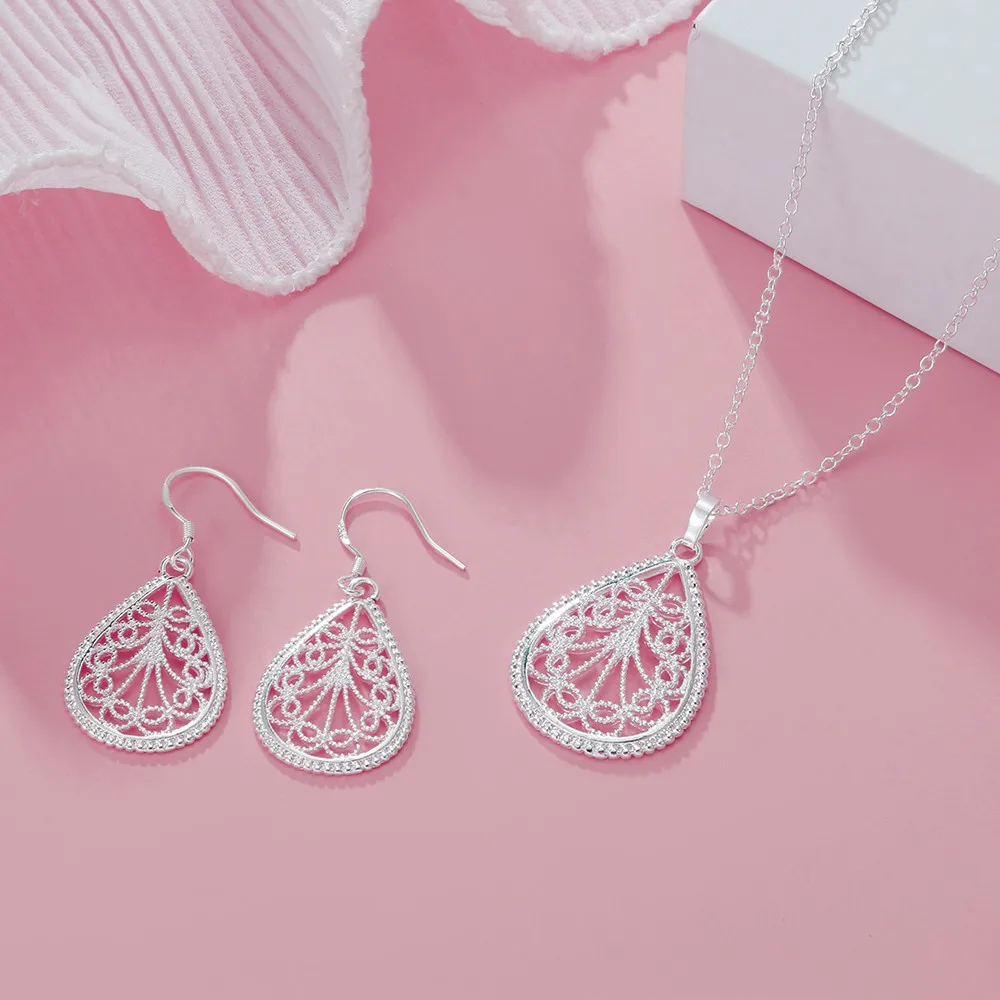 

925 Sterling Silver Pretty water drop pattern Pendant Necklace earrings Jewelry sets For Women fashion party wedding engagement