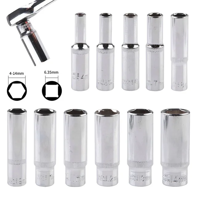 1pc Deep Socket 4/5/6/7/8/9/10/11/12/13/14mm Deep Socket Adapter 1/4inch Hex Socket Wrench Heads Ratchet Tool 3