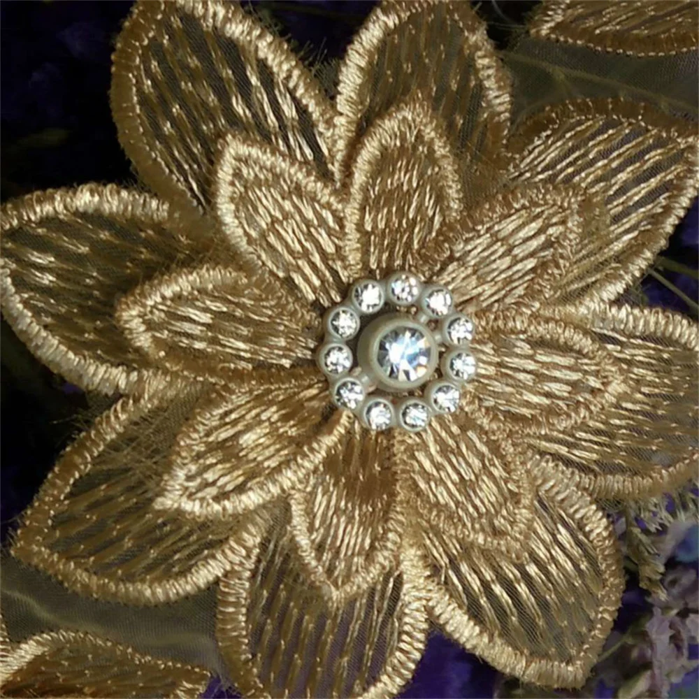 10x Gold 7x7cm 3D Cotton Pearl Flower Embroidered Lace Trim Ribbon Fabric Handmade DIY Wedding Dress Sewing Supplies Craft