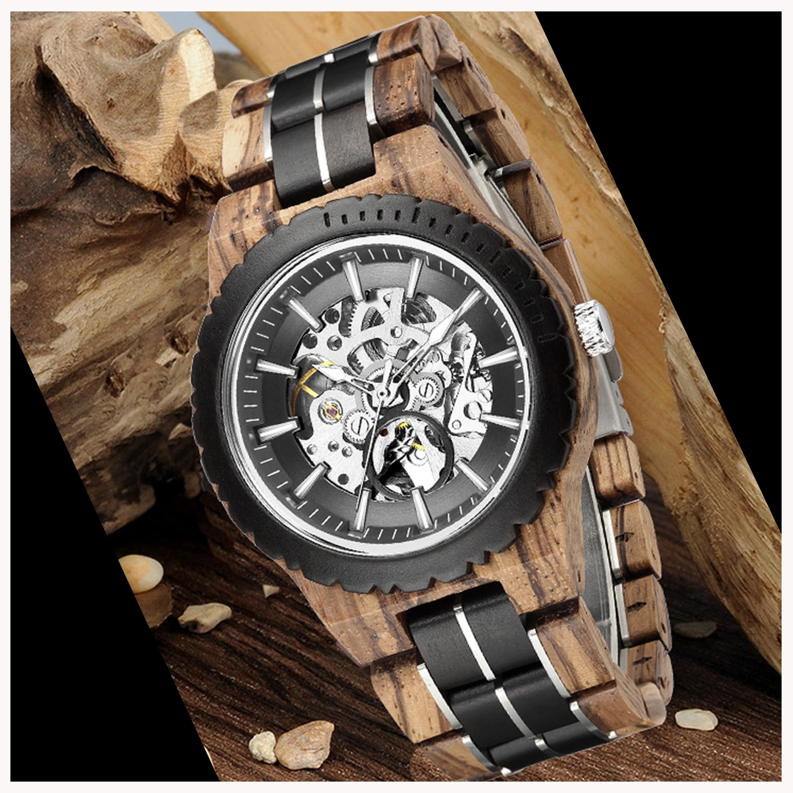 Men Wooden Mechanical wristwatches, Casual Fashion Luminous Waterproof Analog Skeleton Watch, Adjustable Strap Best Gift for Men