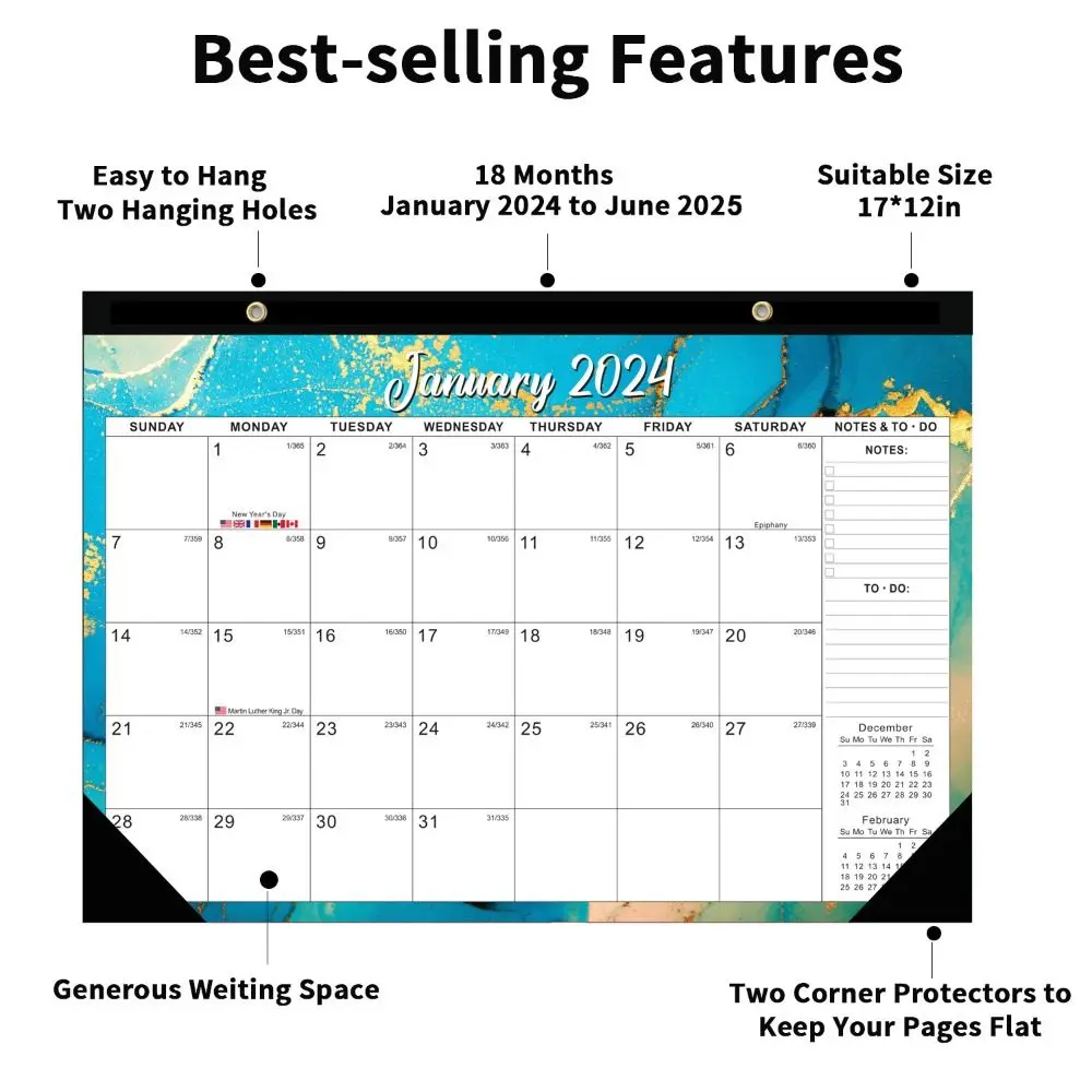 English Wall Calendar with Schedule, Year Planning, Schedule, Wall Note, 18 Meses Hanging, Dezembro 2025, 2022