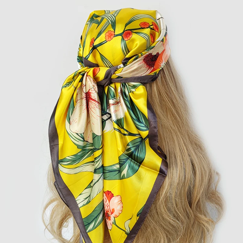 90*90CM Kerchief Fashion Print Satin Silk Scarves Popular Colour Square Shawls Luxury Sunscreen New Headcloth foulard muffler 4
