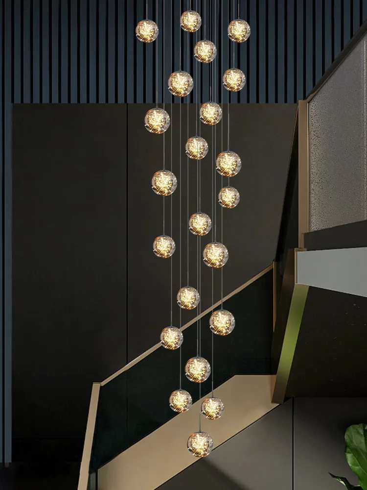 Staircase Pendent Lamps LED Smoked Glass Chandelier Villa Living Room Lighting Luster Hanging Lamp Modern Stair Ball Chandeliers