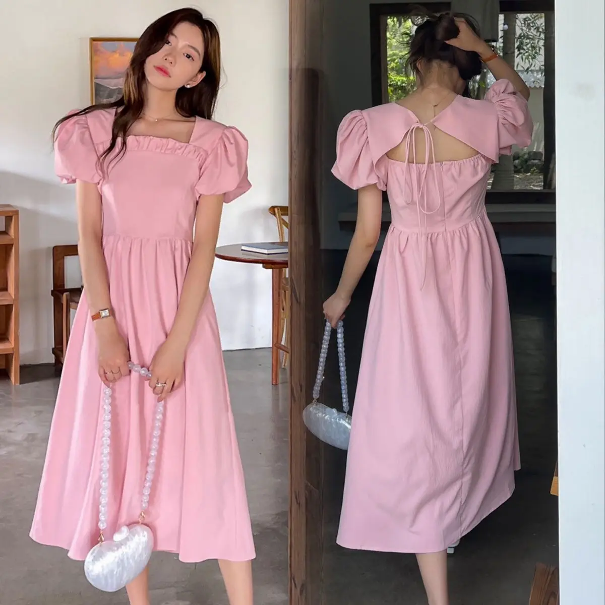 Dresses-Woman-Casual-Elegant-Sweet-A-line-Mid-calf-Korean-Style-Pink ...