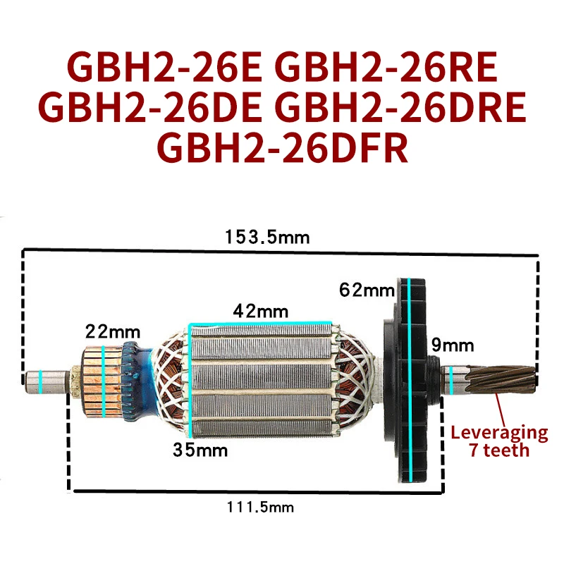 AC220-240V Armature Accessory for Makita GBH2-26E RE DE 2-26DRE DFR Hammer 7teeth Rotor Anchor Accessory Replacement