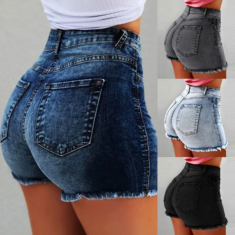 2023 New Summer Women's Denim Shorts Lady Clothing High Waist Jeans Shorts Fringe Frayed Ripped Casual Hot Shorts With Pockets