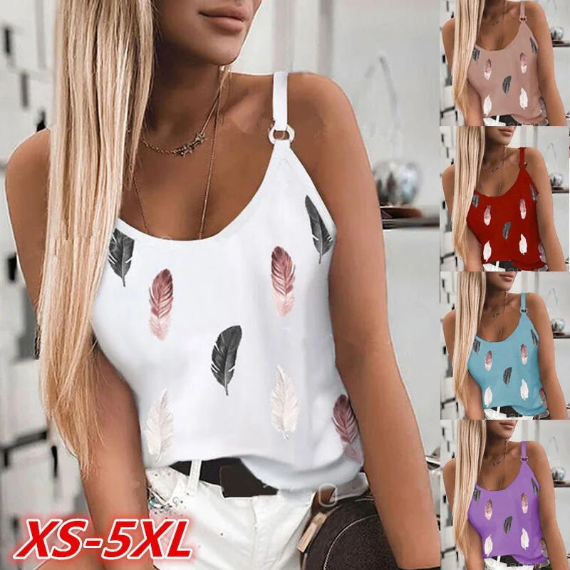 

WomenTops Fashion Summer CasualFeather Print Sleeveless Tank