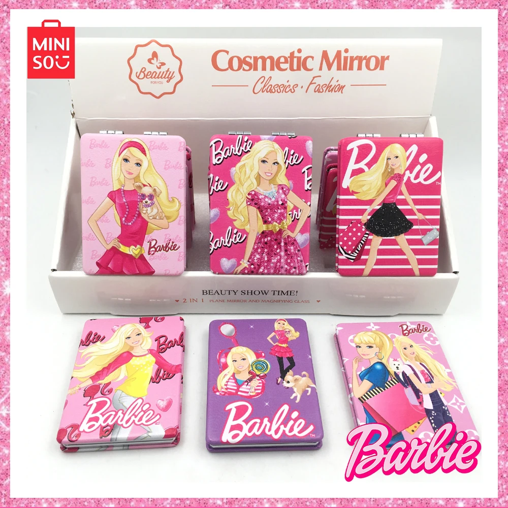 

2024 Miniso Барби серия мультфильм двустороннее квадратное маленькое складное зеркало 12 шт./комплект портативная искусственная кожа макияж подарки для девочек