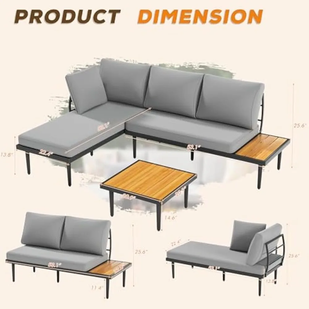 Outdoor Sectional Furniture Patio Sectional Sofa with Acacia Wood Table, Patio L-Shaped Conversation Set with 4