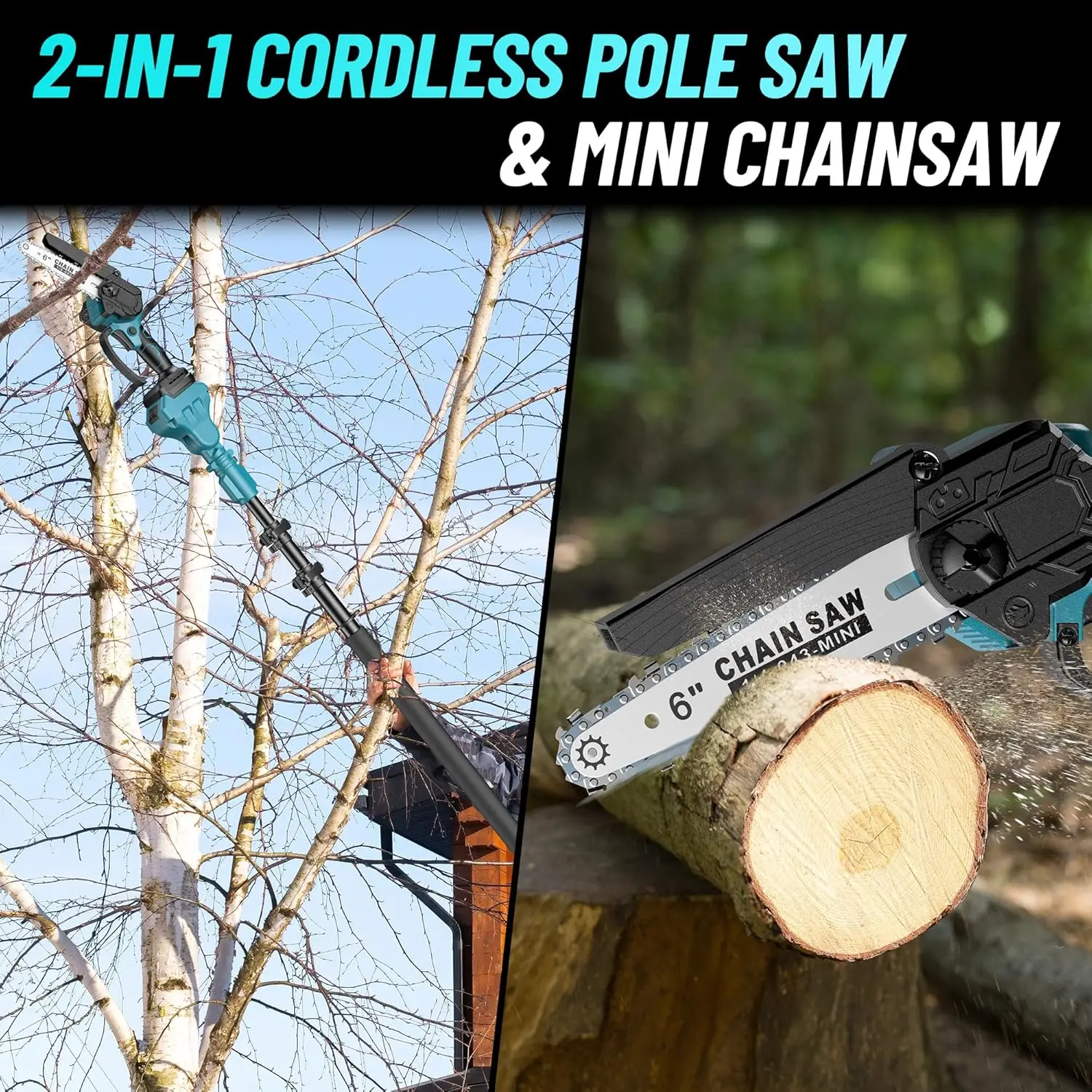 2-IN-1 Cordless Pole Saw & Mini Chainsaw 6-inch Brushless Chain Saw with 2x 2.0Ah Battery 15.5-Foot MAX Reach Pole