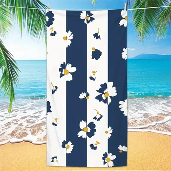 Beach Towel Navy Blue and White Stripe Print Pattern Sun Protection and Windproof Suitable for Pool Camping Travel Blanket 1
