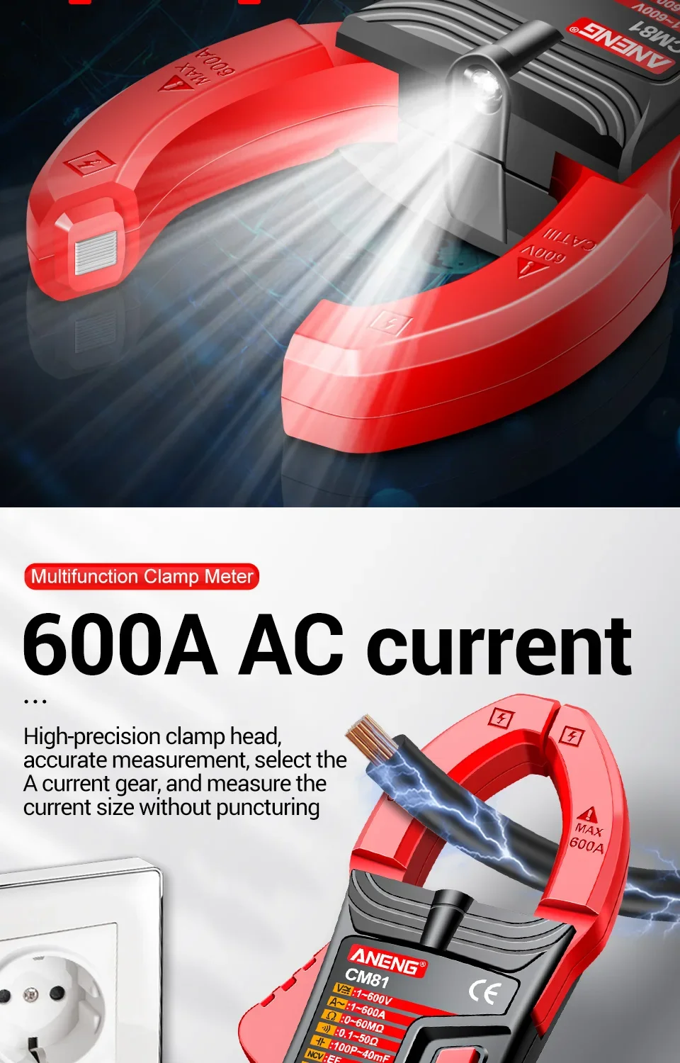 ANENG CM81 Digital Clamp Multimeter - AC/DC Voltage, Current, Resistance, Capacitance, and Diode Tester High-performance, auto-ranging digital clamp multimeter for precise measurements of AC/DC voltage, current, resistance, capacitance, and diode testing. High-performance, auto-ranging digital clamp multimeter for precise measurements of AC/DC voltage, current, resistance, capacitance, and diode testing. S59b1f0e4b8da41b4b8bfdfd5cec58dabt -