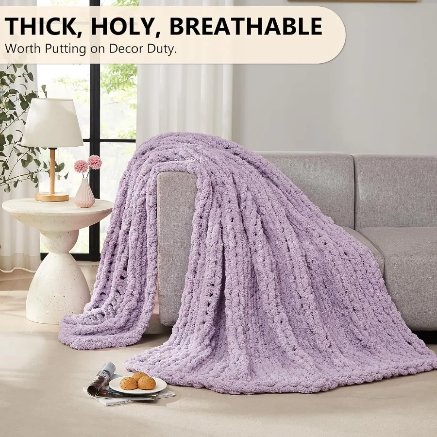 L Agusty Chunky Knit Blanket Throw: 72''x84'' Chenille Thick Knitted Throw Blanket for Bed Couch Handmade Large Purple Chunky R