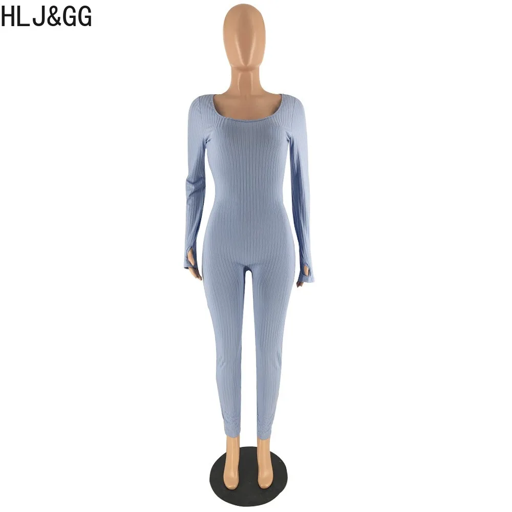 HLJ&GG Autumn Winter Robber Skinny Sporty Jumpsuits Women One Shoulder Long Sleeve Playsuit Female Solid Color Slim Home Overall