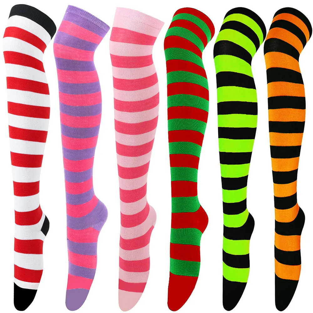 Women Thigh High Socks Striped over Knee High Socks Thigh High Socks Multicolored Elastic Long Stocking for Women Girls Cosplay