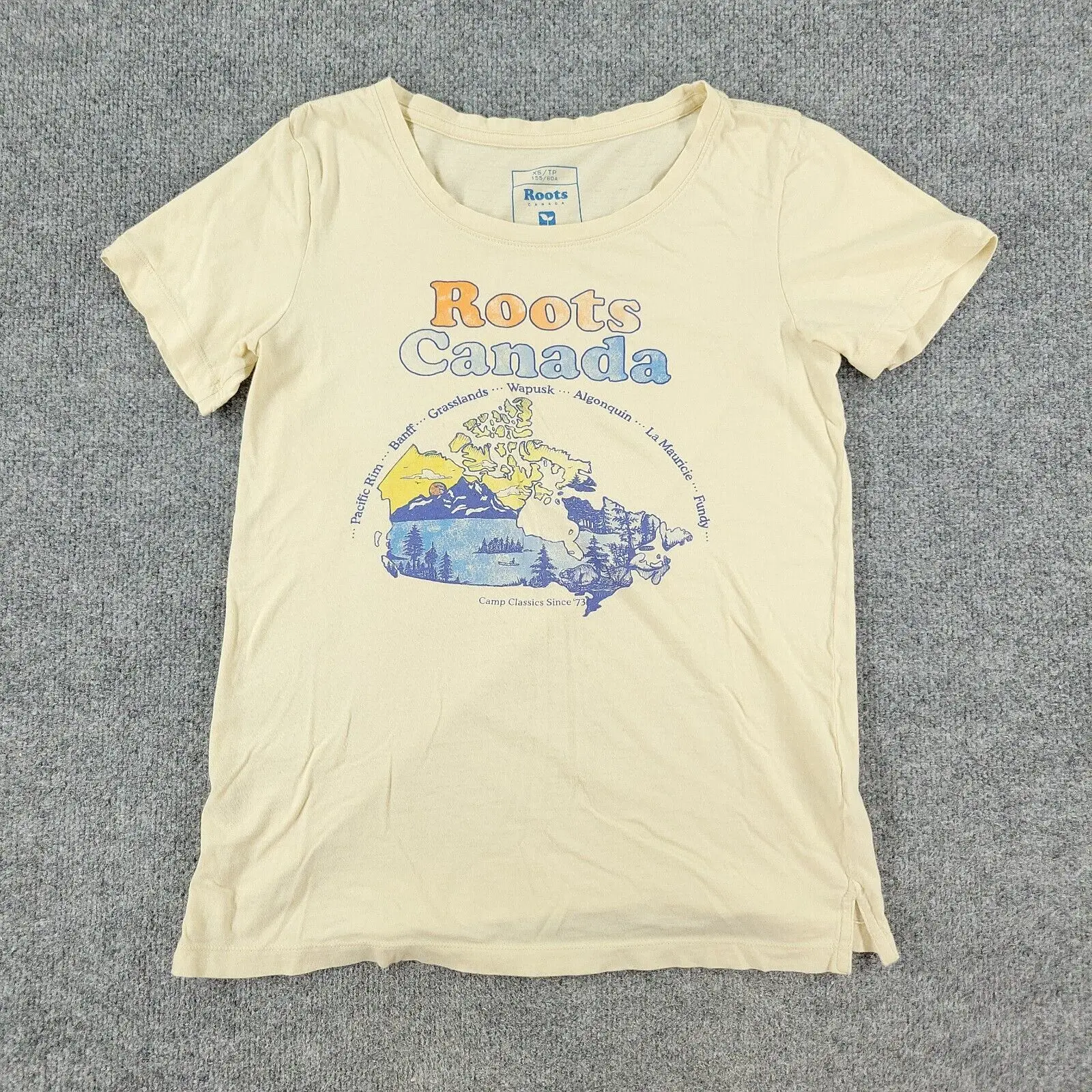 Roots Canada Shirt Donna Extra Small Beige Spell Out Graphic Manica Corta Xs Maniche Lunghe