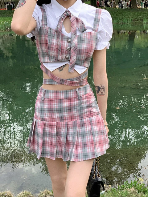 Kawaii Plaid Blue Three Piece Set Women Bow Japanese Sweet Cute Skirt Set  Female Korean Style Party Mini Skirt Suit Winter 2023