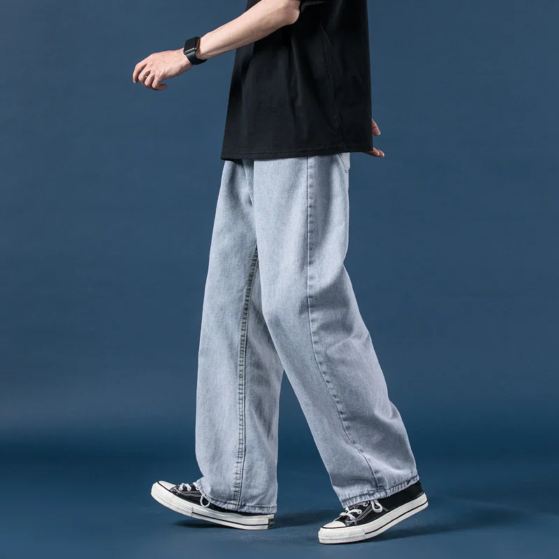 Autumn Winter Men\'s Wide Leg Denim Pants Korean Fashion Luxury Top Quality Baggy Jeans Men Elastic Waist Mop Daddy Trousers