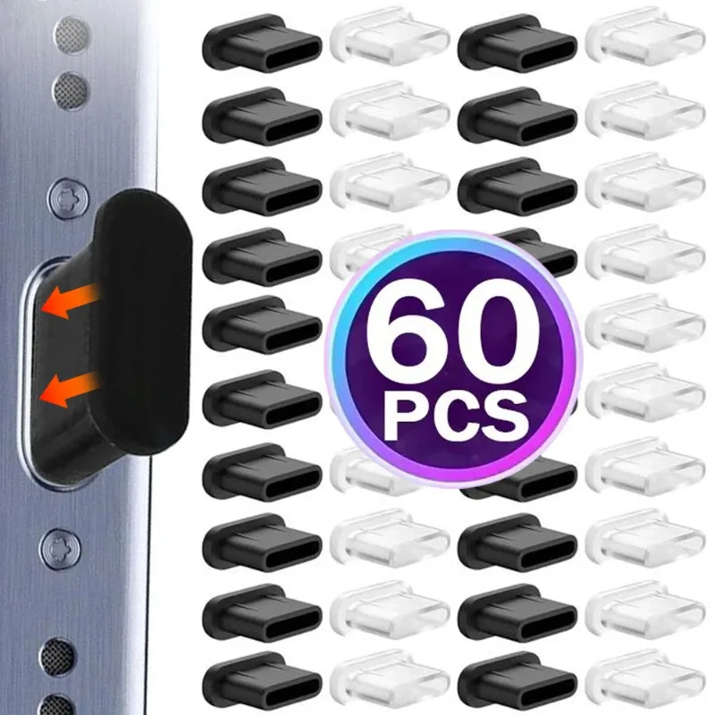 60-1Pcs Type-C Dust Plugs Silicone Anti-dust Plug Cover Cap Charging Port Protector for iPhone 15 Pro Max 15 Plus Samsung Xiaomi 1