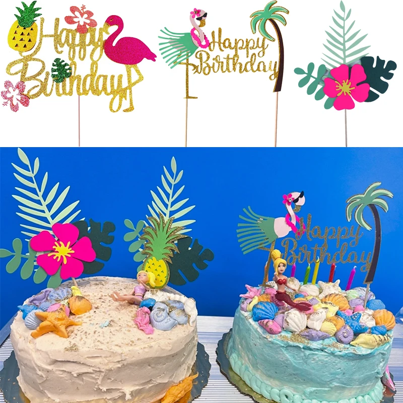 Hawaiian Tropical Wedding Party Flamingo Pineapple Aloha Letter Cake Toppers Summer Birthday Party Decorating Cupcake Topper