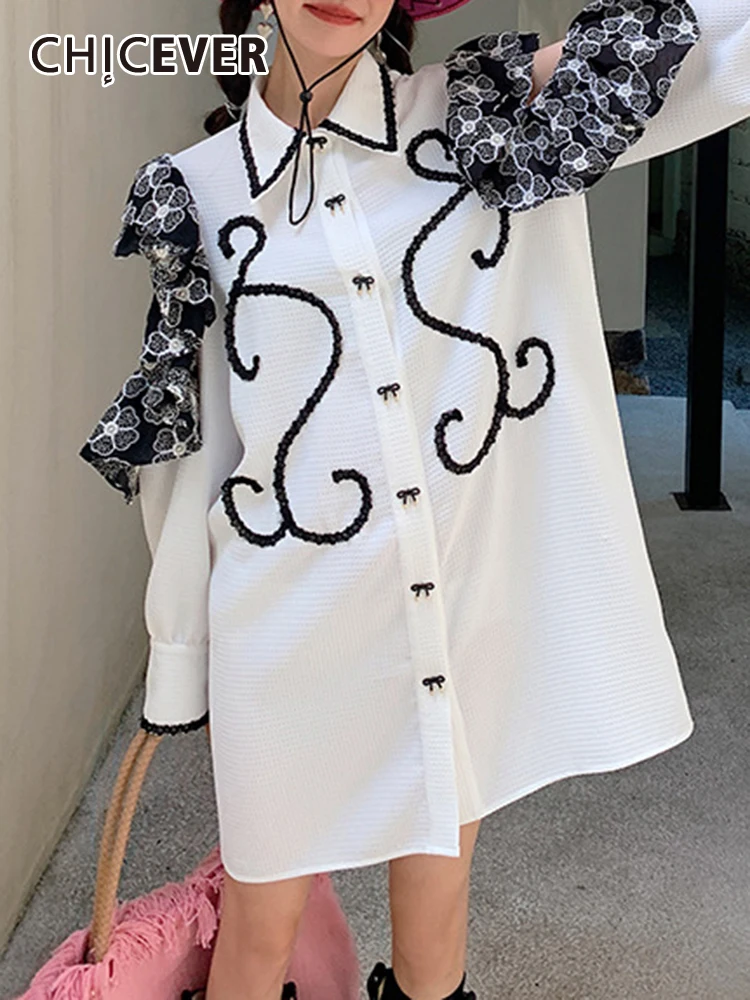 

CHICEVER Printing Hit Color Dresses For Women Lapel Long Sleeve Single Breasted Korean Cut Out Loose Summer Mini Dress Female