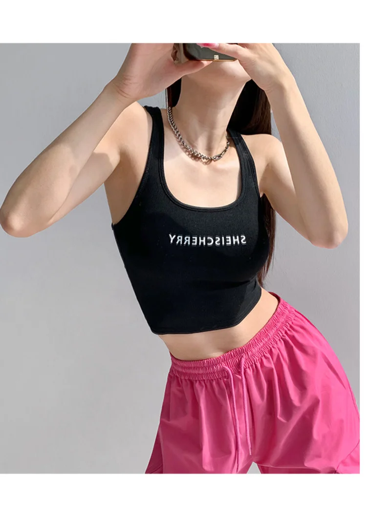 

Лето 2023, Женский облегающий укороченный топ с нижним слоем, Женский облегающий топ с надписью и открытой спиной, 4EP3