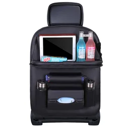 Deluxe PU Leather Car Seat Organizer with Foldable Tray and Storage Pockets (Black)