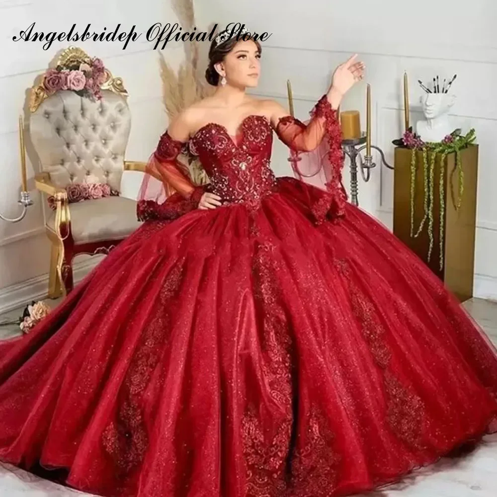 

Glitter Tulle Quinceanera Dresses Vestidos De 15 Anos Sexy Puff Sleeves Appliques Court Train Birthday Party Gowns