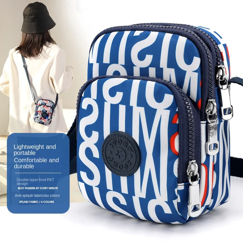 

Women Shoulder Bag Casual Fashion Printed Nylon Cloth Messenger Handbag Zipper Multi-layer Large Capacity Mobile Phone Backpack