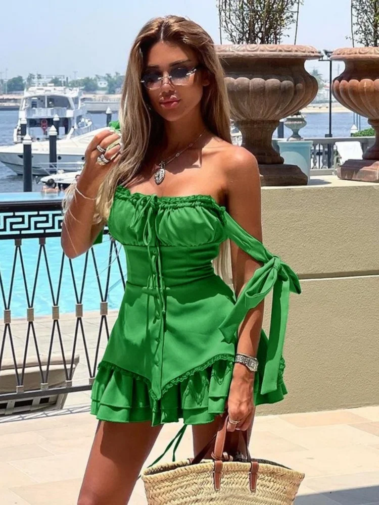 Wmstar Dresses for Women Wholesale Summer Solid Color Sexy Ruffled Short Halter Patchwork Dress Women Clothing Dropshopping