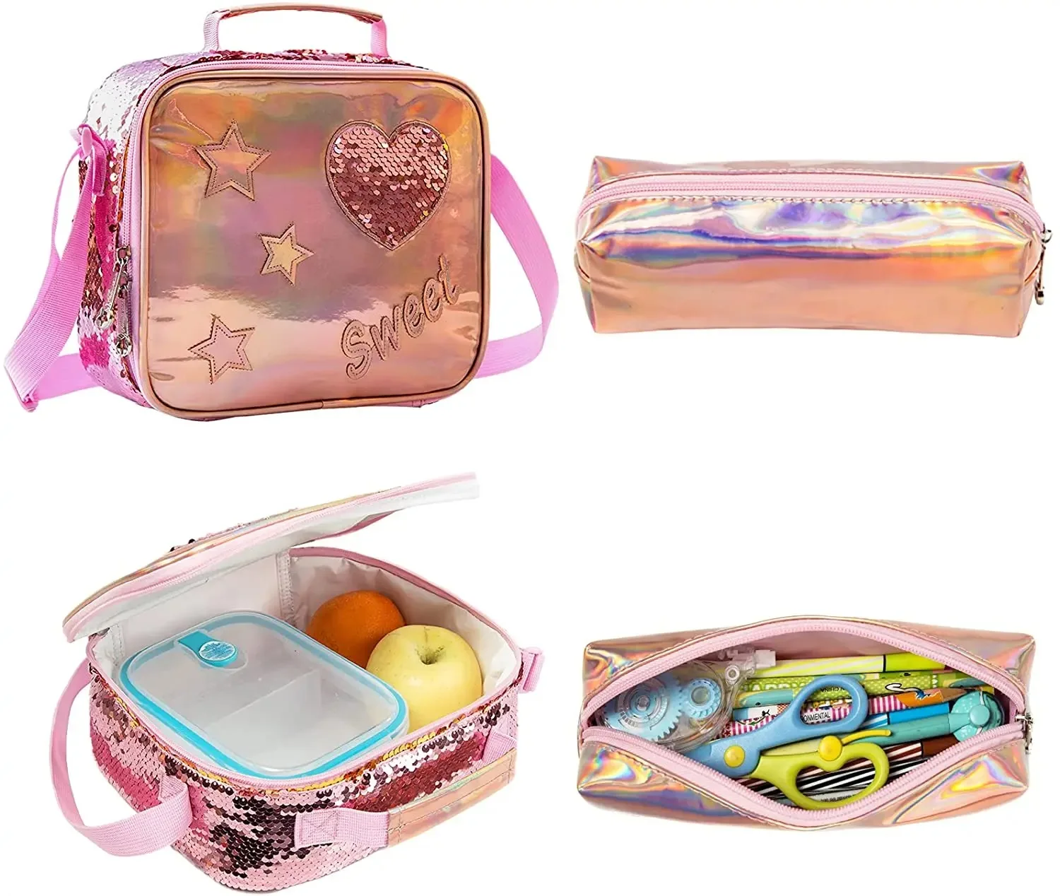 Sac à dos scolaire à roulettes avec boîte à lunch et sac à stylos, valise de voyage pour enfants, sac à dos à roulettes pour filles, 16 po