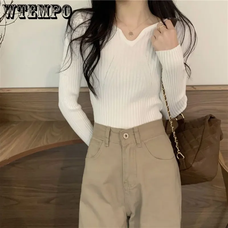 

WTEMPO V-neck Sweater Solid Pit Strip Long Sleeved Knitwear Women's Autumn Winter Jumper Slim Fit Pullover Bottomed Short Top