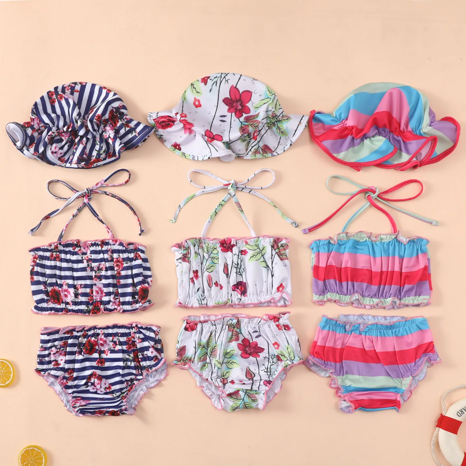 2022 Summer 3M 3Y Baby Girls Swimwear Bowknot Striped Floarl Printed 3 Piece Swimsuit Bikini Hat