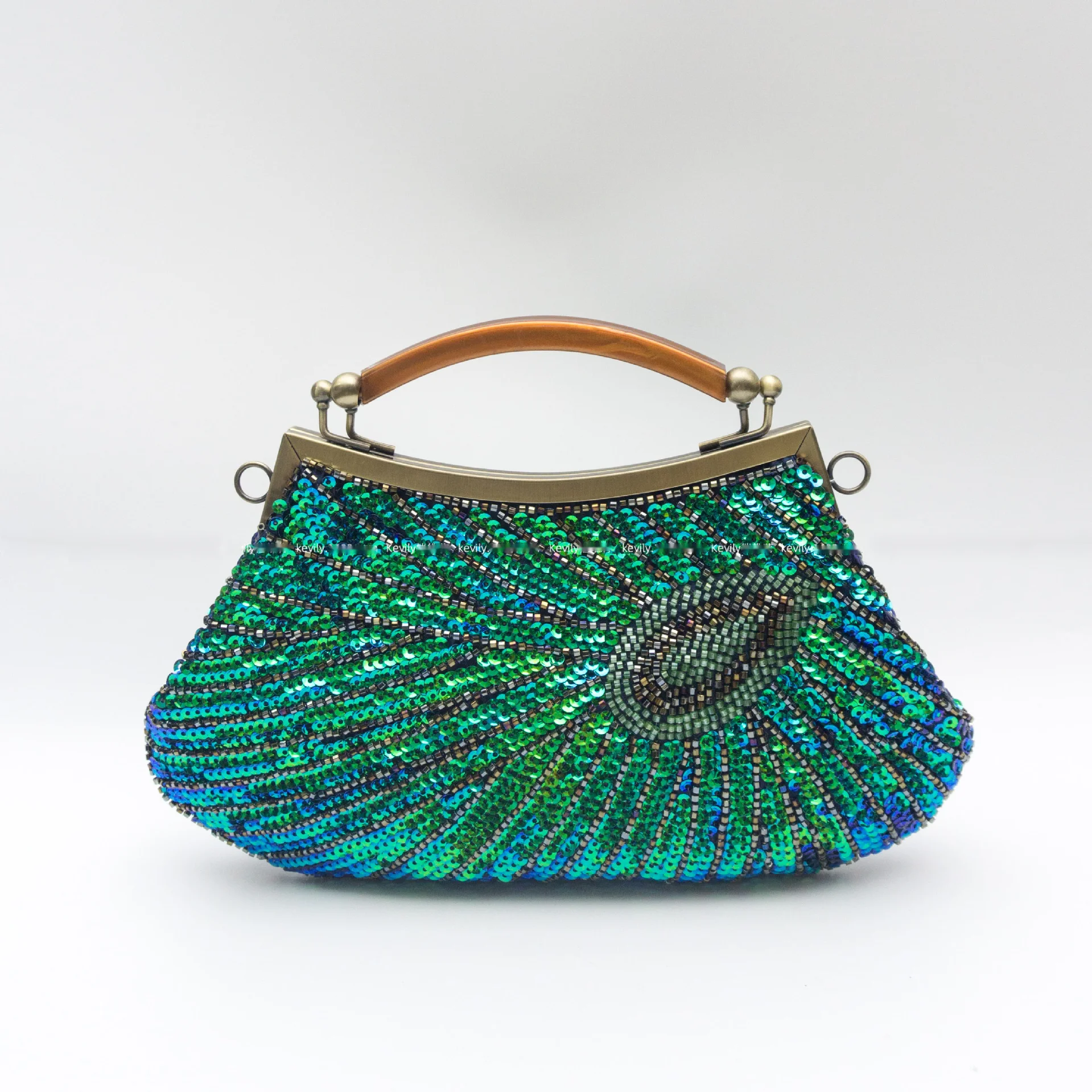 Fashionable Temperament Hand-held Peacock Feather Bead Sequin Bag Exquisite Handmade Retro Evening Dress Ball And Dinner Bag_voghion.com