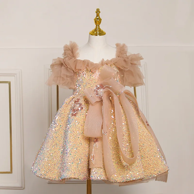 

Children Prom Dress ChicTulle Off The Shoulder Gold Sequined Princess Dresses Kids Girls Party Performance Costume Ball Gown2024