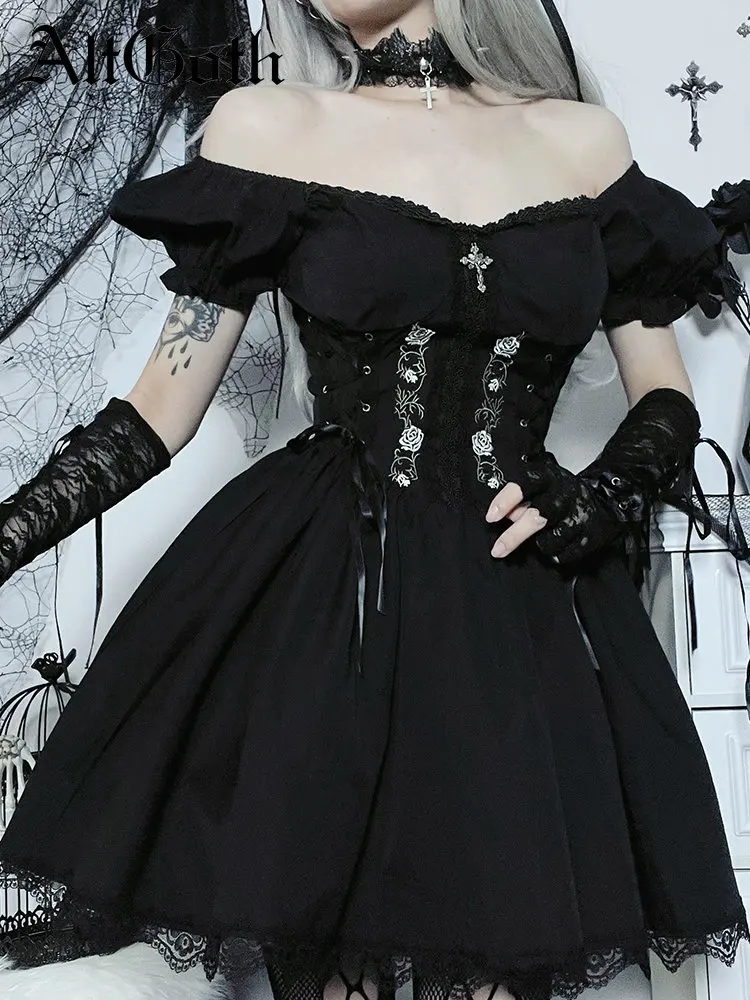 AltGoth 빈티지 고딕 공주 드레스 여성 다크 하라주쿠 레이스 업 크로스 코르셋 드레스 streetwear partywear 로리타 드레스 여성