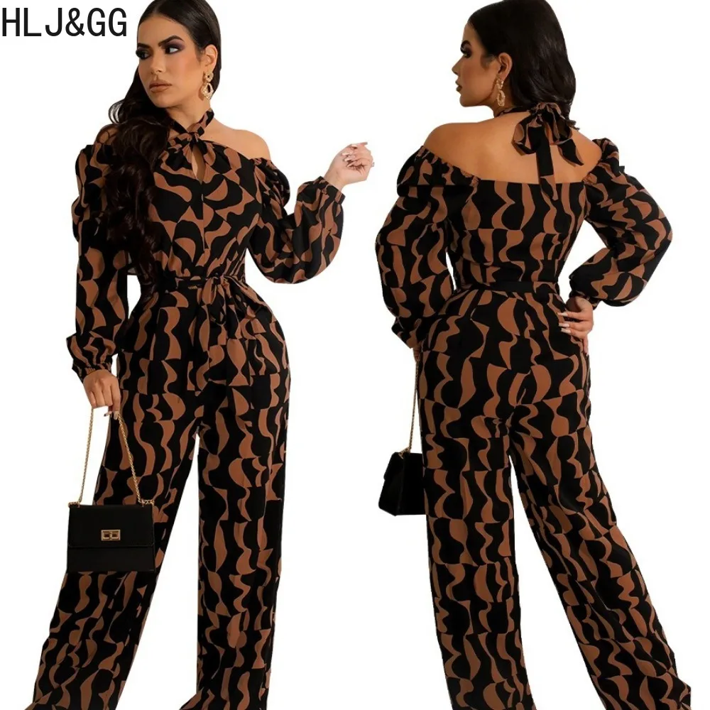 HLJ&GG Spring New Printing Halter Lace Up Off Shoulder Jumpsuits Women Long Sleeveless Backless Straight Playsuit Casual Overall