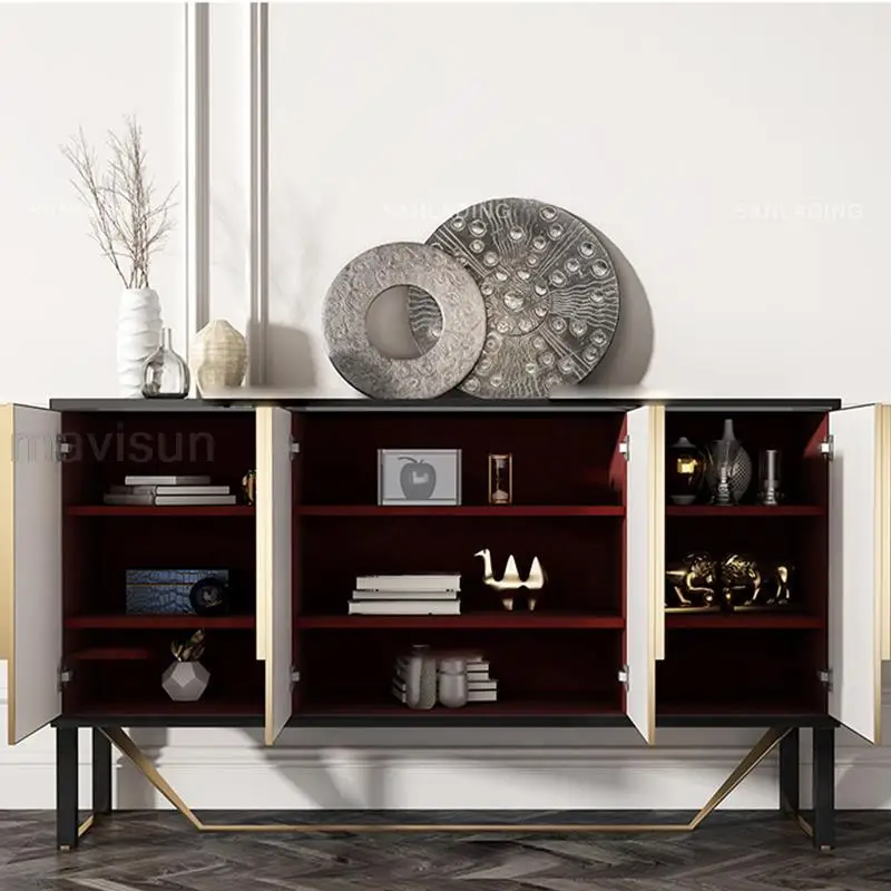 American Style Hallway Decoration Glossy Cabinet With 3 Doors Modern Sideboard Light Luxury Home Storage Sideboard Buffet White